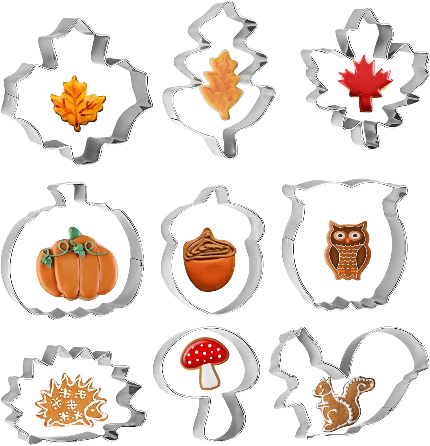 WEDNOK 9pcs Autumn Cookie Cutters Thanksgiving Biscuit Cutter Set Stainless Steel DIY Cookie Cutter with Maple Leaves Hedgehog Pumpkin Squirrel Acorn Mushroom Owl Pattern for Fall Party Baking