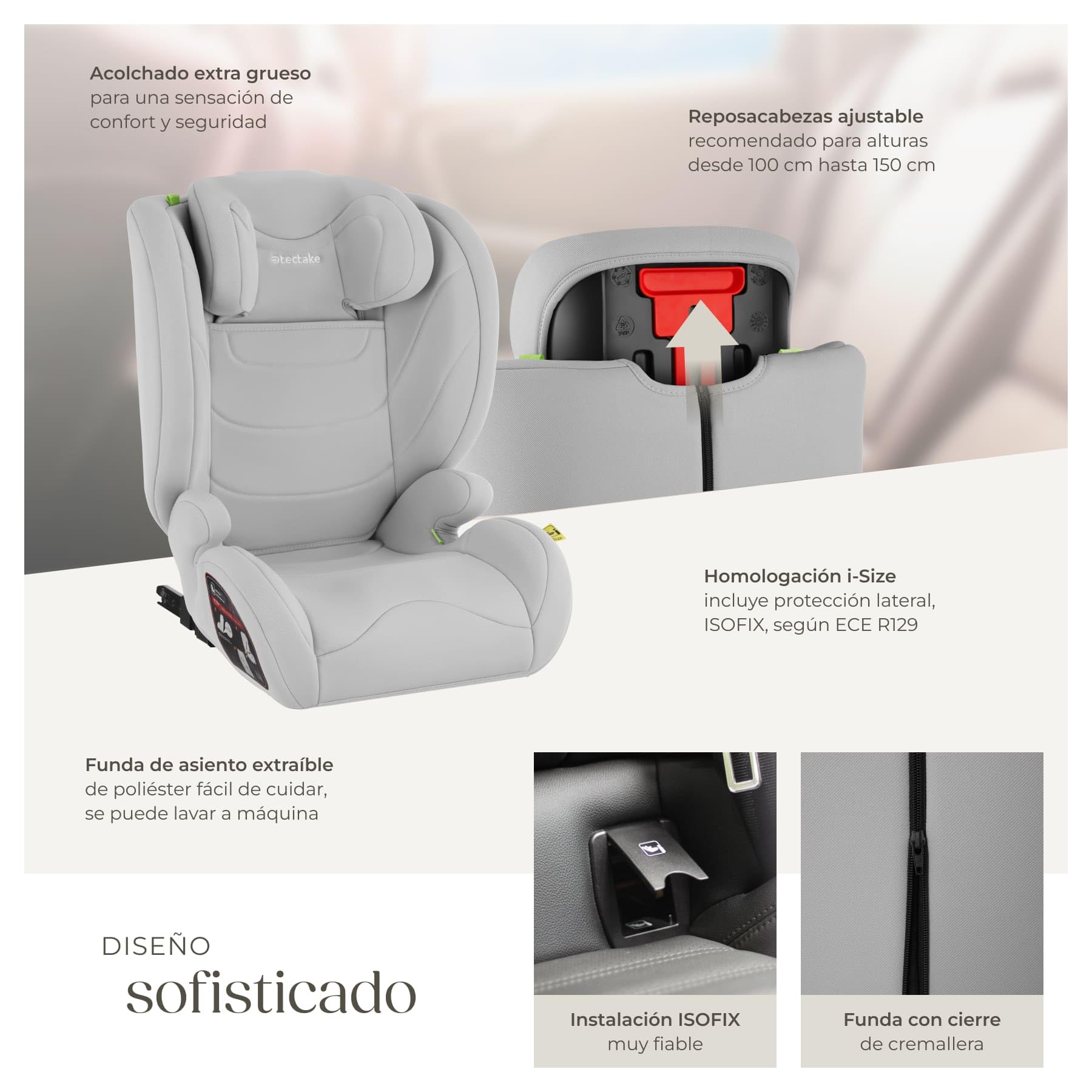 tectake® Silla de Coche Infantil, Homologada i-Size ECE R129, Con ISOFIX, Cinturón de 3 Correas, Reposacabezas Regulable, Acolchado Extragrueso, Hatsa 36 Kg, Funda Extraíble, 100-150 cm - gris claro