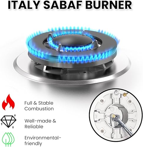 Miniatura 3 de TOPWISH 5 ITALY SABAF - Placa de cocina de gas integrada de 36 pulgadas, estufa de gas 37,600BTU, convertible, de acero inoxidable con protección de