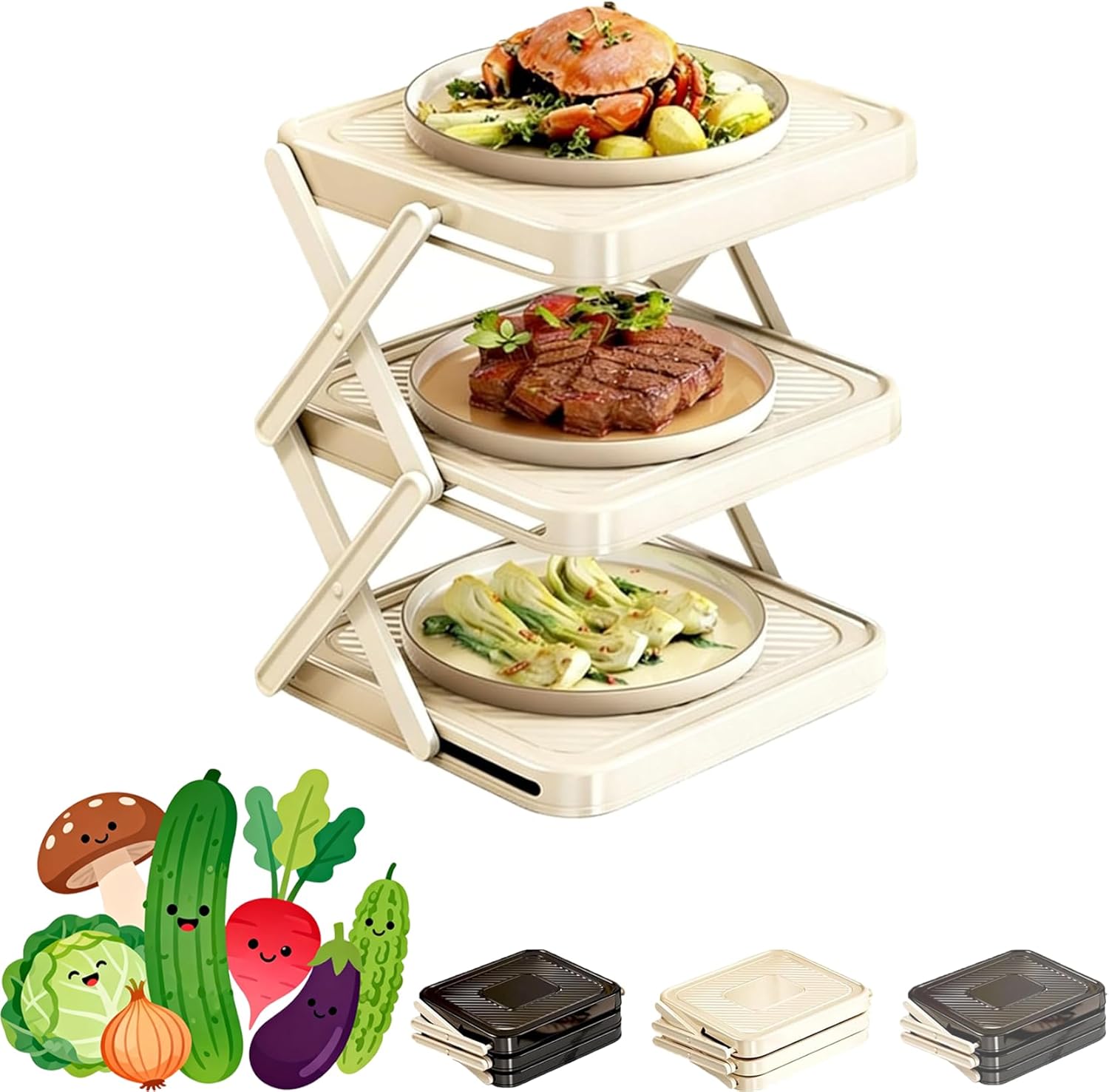 Multi-Layer Dish & Prep Tray Storage Rack, 2026 New Multifunctional Foldable Vertical Plate Racks for Cabinet, Vegetable Plate Display Rack Organizer Dish, for Kitchen Organization (White)