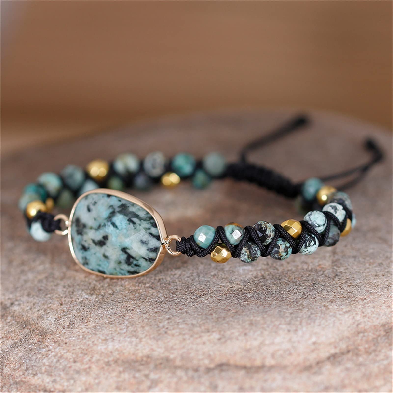 Piedra Natural Turquesa Africano Encanto Cadena Trenzado Macrame Beads Pulsera Mujeres Hombres Envolver Pulsera Femme Pareja Amante joyería