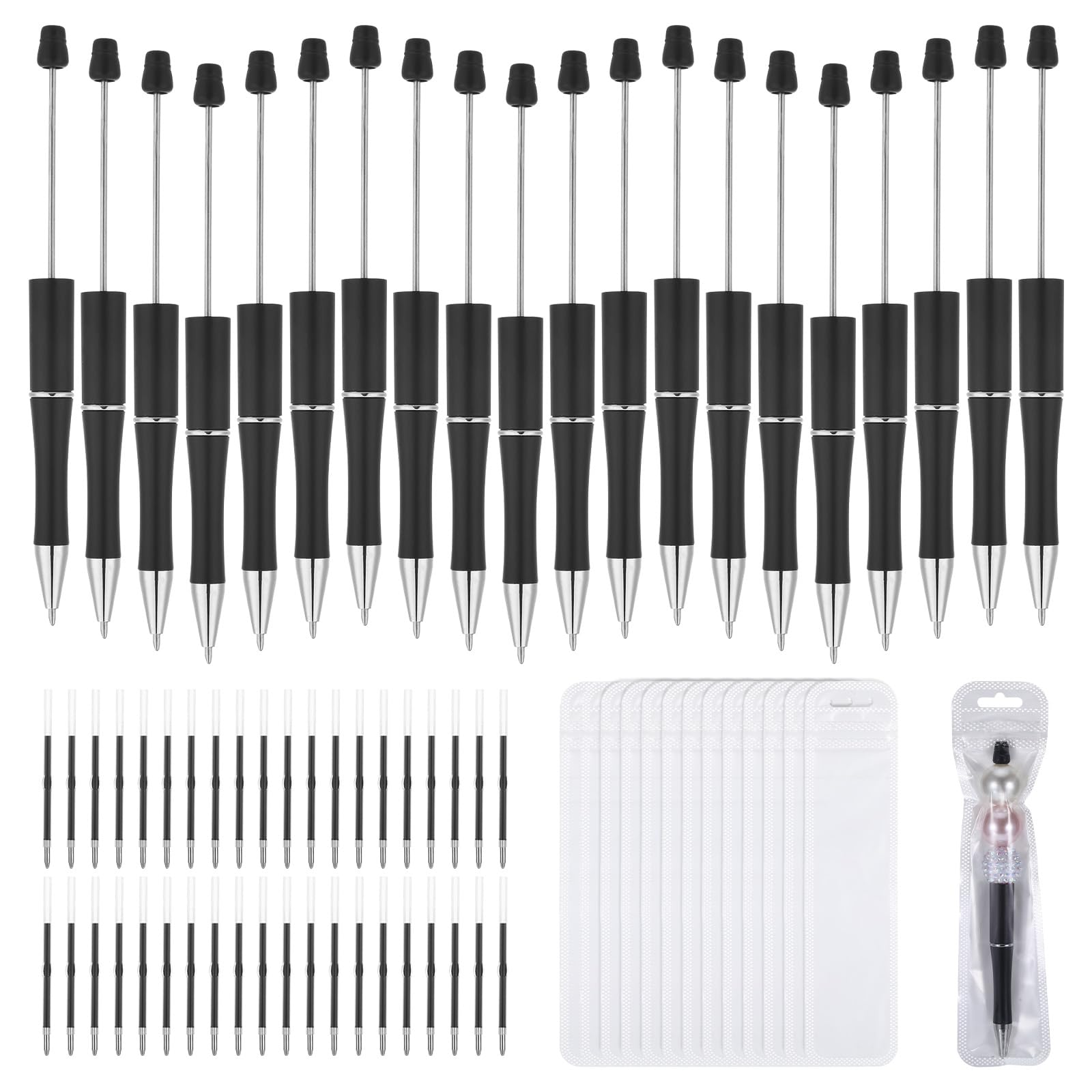 Schwarze Perlenstifte, Großpackung mit Nachfüllungen und Beuteln, Kunststoff-Perlenstifte, schwarzes Perlenstift-Set, DIY-Stift für Perlen, Geschenke für Kinder und Studenten zum Basteln, Bürozubehör