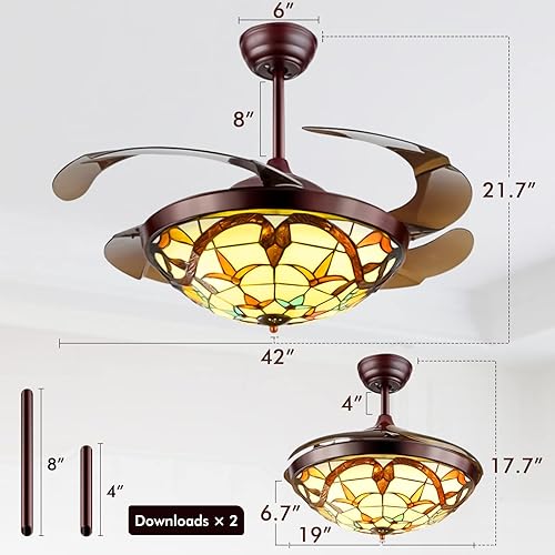 Miniatura 5 de A Million Ventiladores de techo vintage de 42 pulgadas con luces retráctiles con control remoto de 3 velocidades, luz regulable, lámpara LED retro,