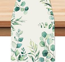 Eucalyptus Leaves Table Runner 13x90 Inch Green Leaf Plants Spring Seasonal Holiday Kitchen Dining Table Decoration for Indoor Outdoor Home Party Decor