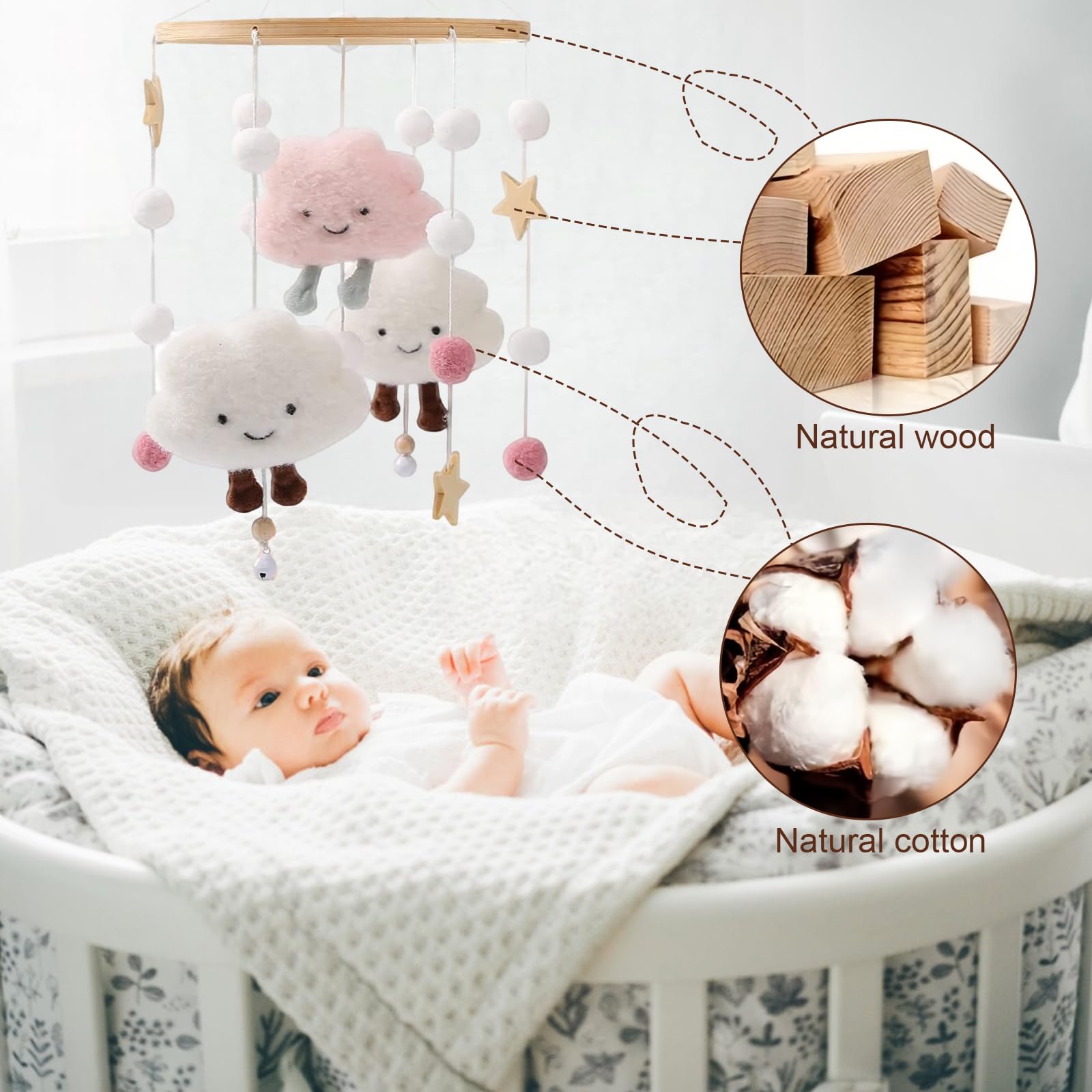 Carillons Éoliens Bébé Mobiles - Nuage Boules Feutre Bois Décoration Berceau Garçon Fille
