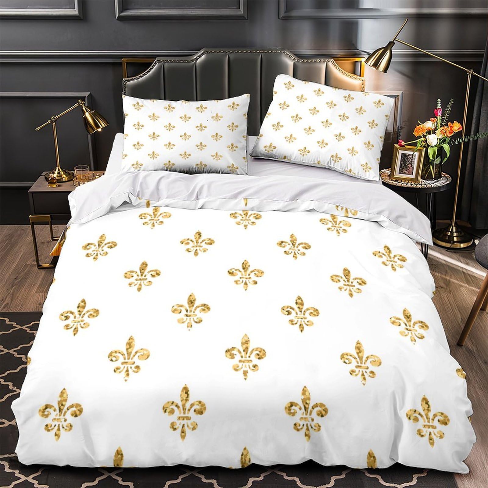 Housse de Couette Fleur de Lys Hypoallergénique Anti-Acarien Lit Simple