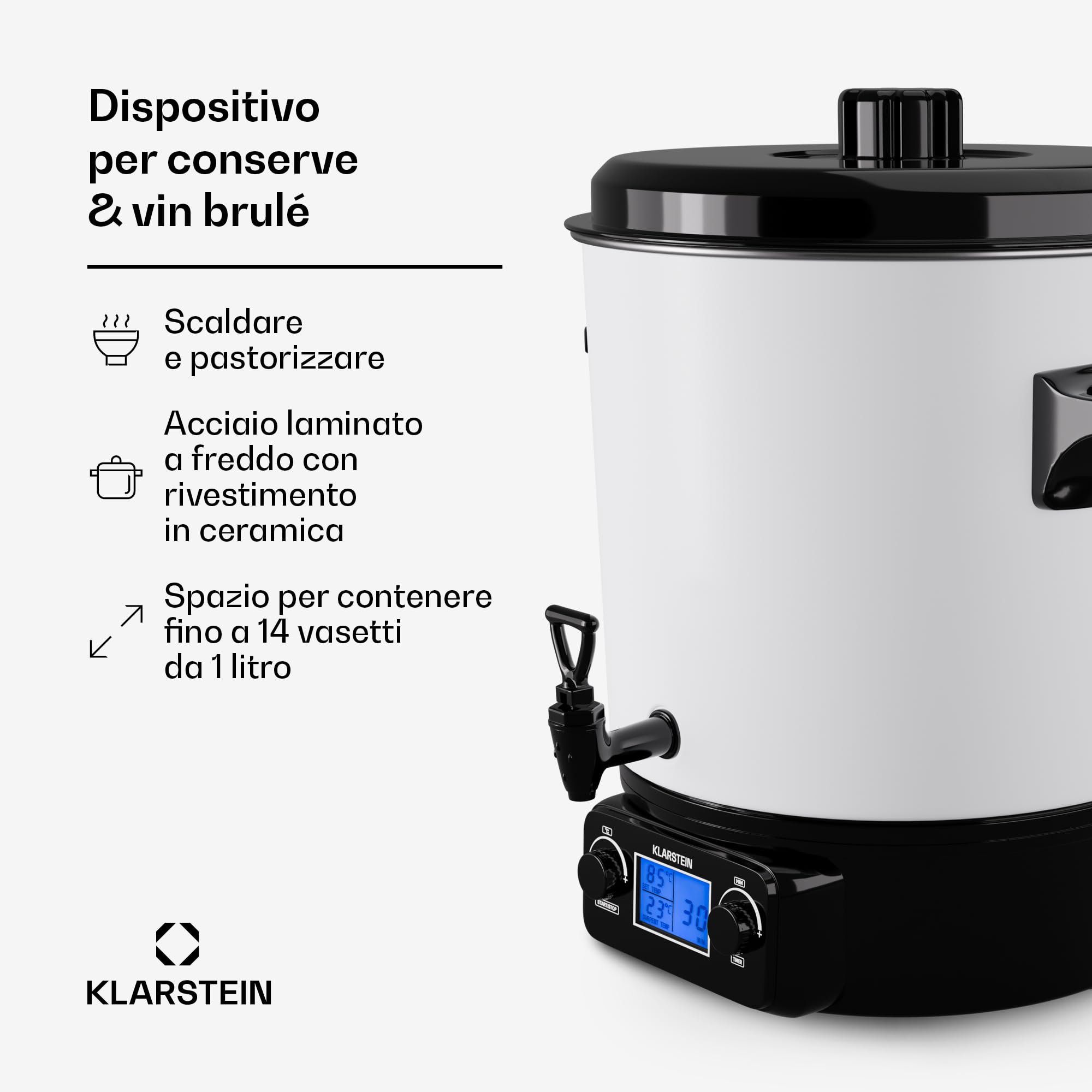 KLARSTEIN Bollitore Vin Brule, Distributore Bevande Calde, Dispenser Termico con Rubinetto 27 Litri, 1800W Acciaio Inossidabile, Thermos Bollitore Acqua Calda e tè, Pentola Bollitore Kit Vin Brulè