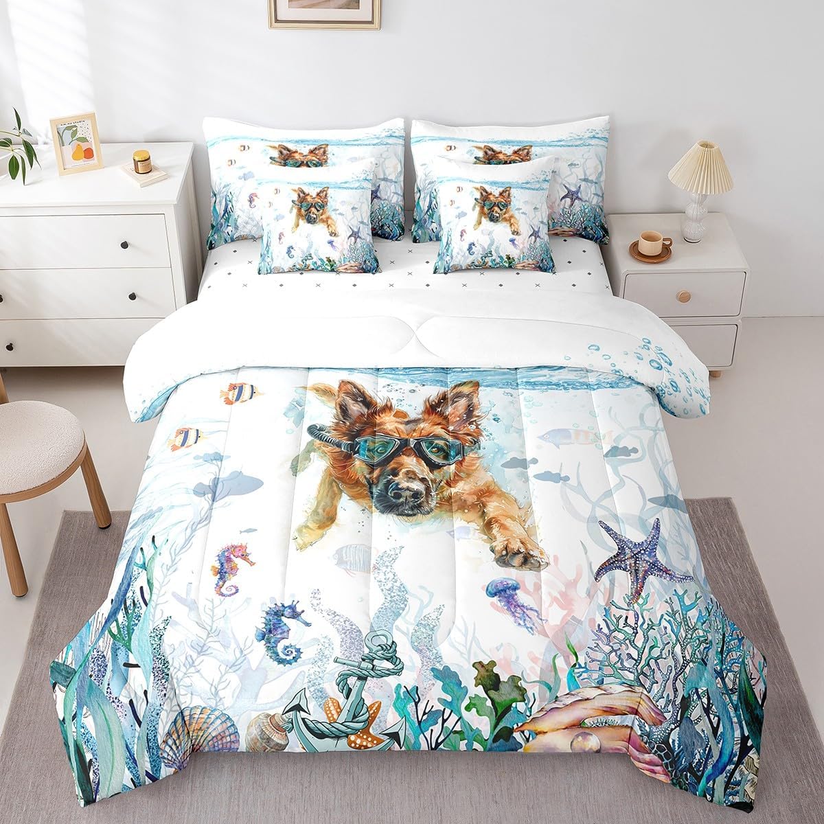 Feelyou Cute Dog 7 Pieces Bedding Set German Shepherd Full Comforter Set with Sheets for Kids Boys Girls Room Decor Ocean Bed in a Bag Puppy Dog Bed Set