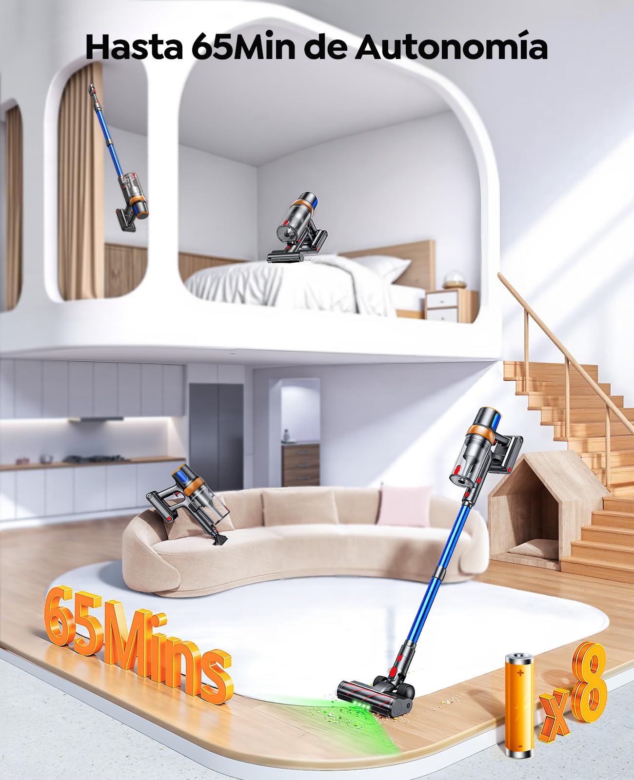 600W/50KPa Aspiradora sin Cable,65 Mins Autonomía,Aspirador Escoba Vertical con Cepillo Antiácaros,Pantalla Táctil,Función Aromática,Carga en Pared,Anti-Enredos,Luz LED,Adecuado Suelos/Sofás/Mascotas