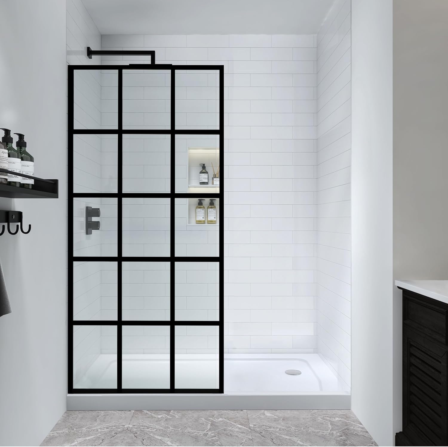 34" W x 72" H Grid Pattern Fixed Framed Shower Door Shower Screen Panel in Matte Black Finish with 5/16" (8mm) Clear SGCC Tempered Glass, Reversible Installation