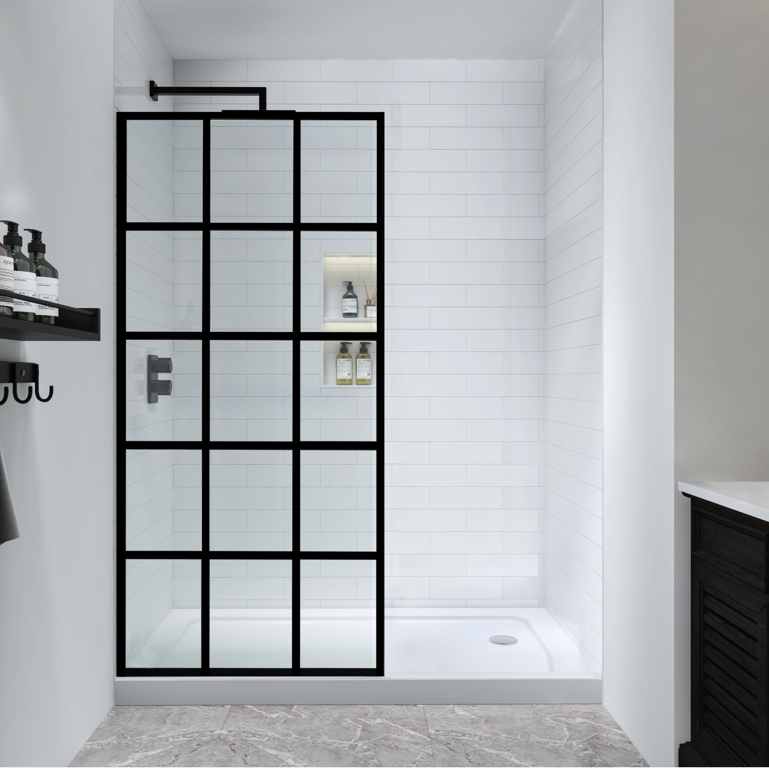 Photo 1 of FELYL Black Grid Shower Glass Panel 34" W x 72" H, Matte Black, Framed Fixed Glass Panel, 5/16" (8mm) SGCC Tempered Glass, Reversible Installation