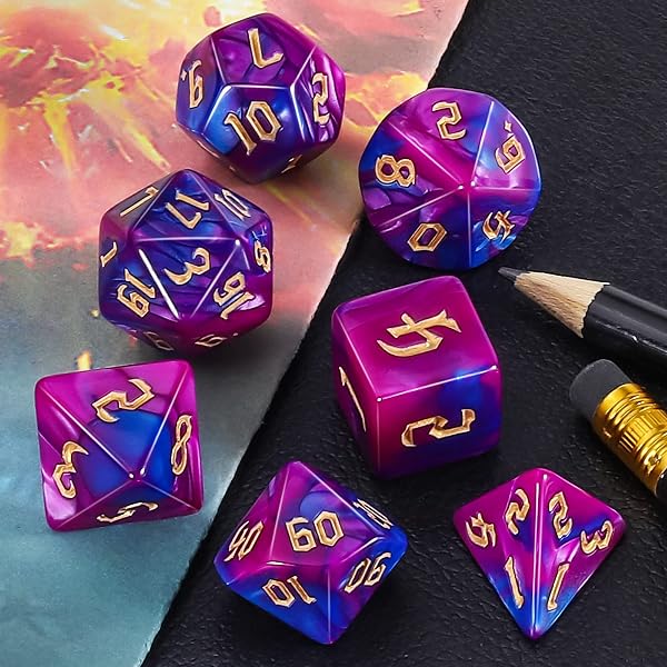 QMAY DND Dice Polyhedral Dice Set – 7 pezzi per Dungeon and Dragons MTG RPG D&D D20, D12, D10, D%, D8, D6, D4 (blu con viola) - 5