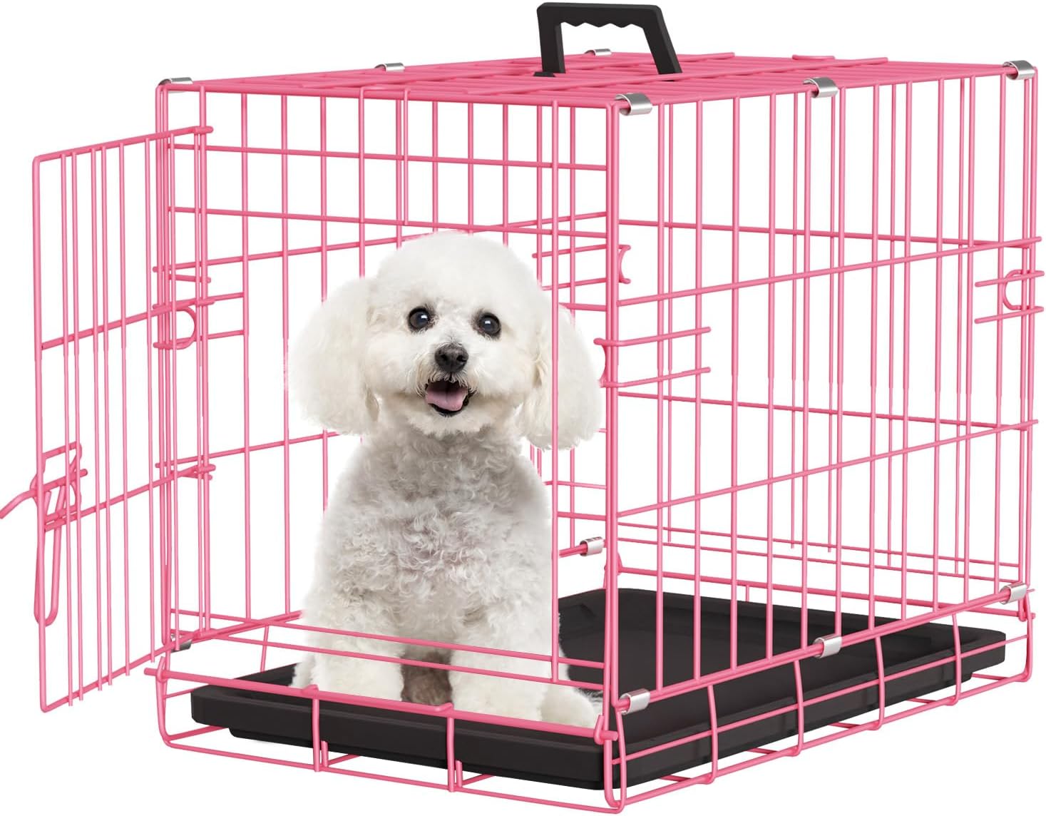 FDW Dog Crate for Small Dogs 18 Inch Folding Metal Wire Pet Cage Single Door W/Divider Panel Indoor Outdoor Kennel Leak-Proof Plastic Tray,Pink Pink 18 Inch Single Door