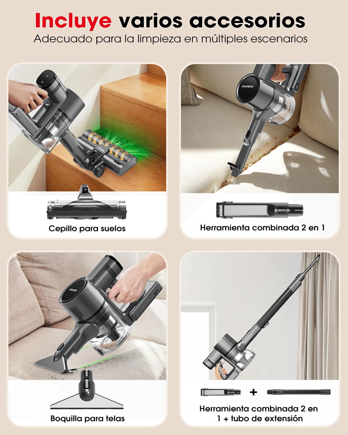 Aspiradora sin Cable Potente Succión de 45 kPa 500W Hasta 60 Minutos de Autonomía Resistente a Enredos Aspiradora Escoba Recargable con Soporte de pared para Pelo de Mascotas y Suelos de Madera