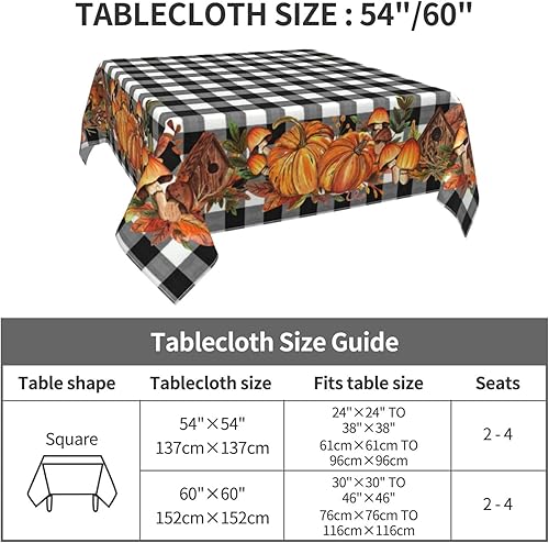 Miniatura 4 de AGAYNA Mantel cuadrado de otoño de 54 x 54 pulgadas, mantel a cuadros de búfalo blanco y negro, resistente a las manchas, para el día de Acción de