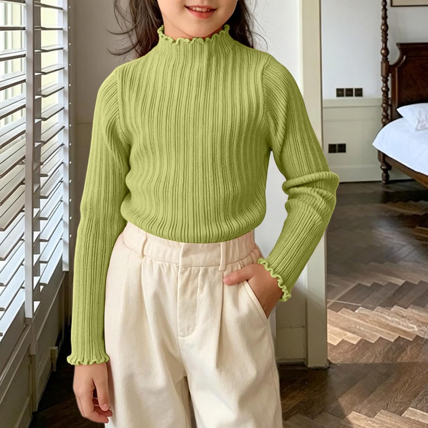 Girls Ribbed Lettuce Edge Mock Neck Fitted Layering Tops