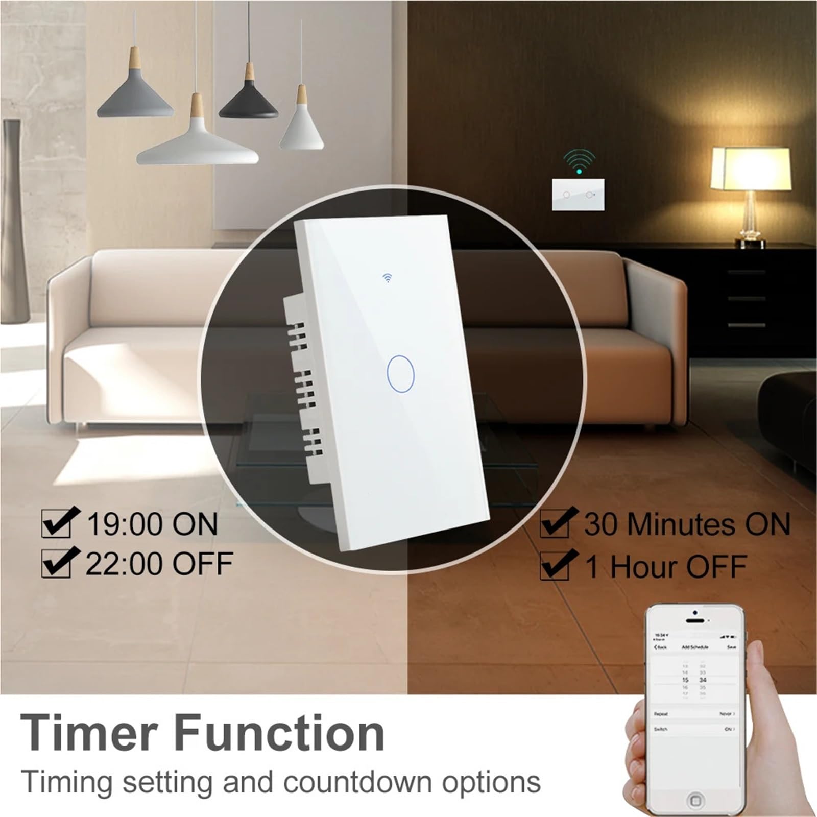 Interruptor táctil de luz de pared con control remoto inteligente de 2 vías (negro, 2 bandas, sin neutro, 220 V)