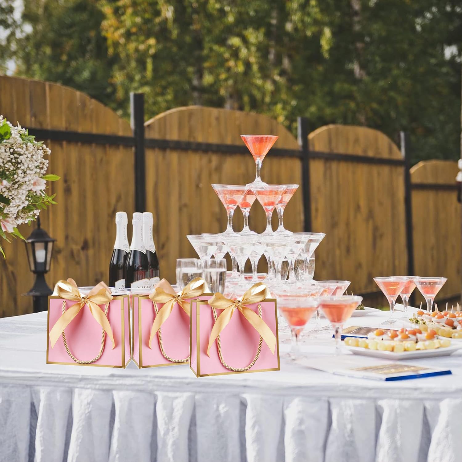 OccasionALL 12 Sacchetti Regalo Rosa Con Manici In Corda, Mini Size 10x7x11,4 Cm, Per Bomboniere E Matrimoni