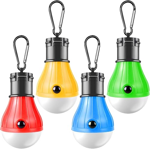 PEMOTech Paquete de 4 faroles de campamento, 4 modos de iluminación, bombillas LED de campamento con ganchos de clip, impermeables, portátiles,