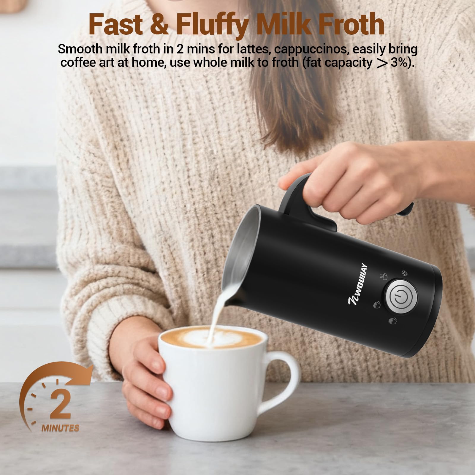 NWOUIIAY Montalatte Elettrico 4 in 1 Cappuccinatore Elettrico 300ML 600W Silenzioso con Manico per Caldo e Freddo Schiuma di Latte Rivestimento Antiaderente per Latte Cappuccino Macchiato