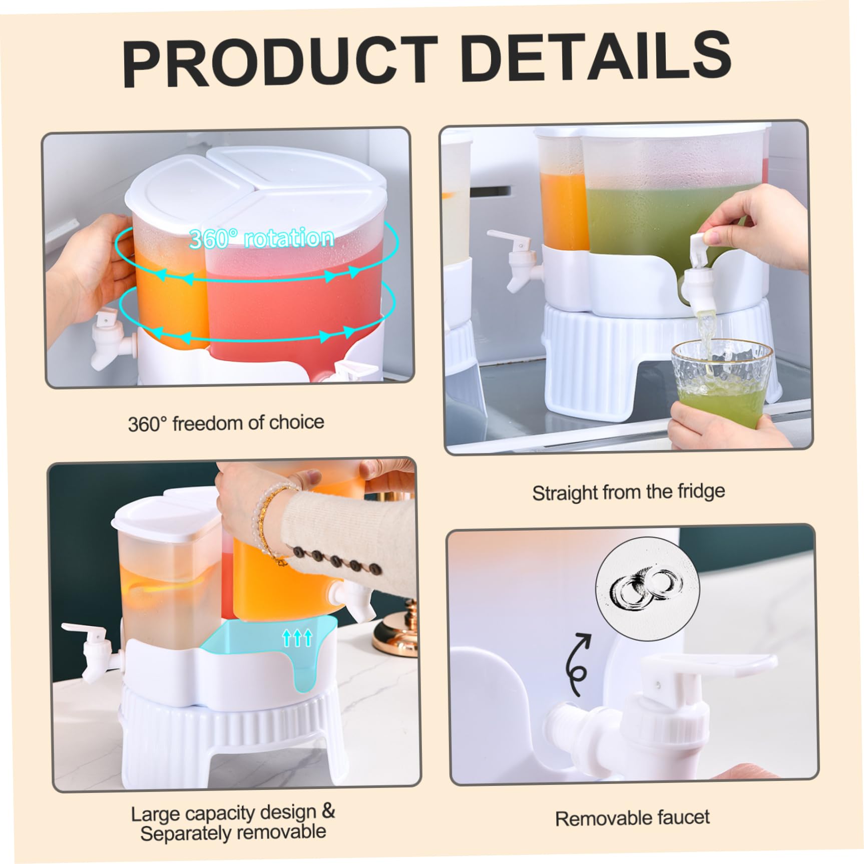 Dispensador de bebidas con soporte, 3 rejillas (1,7 L cada uno), dispensador de bebidas de polipropileno de grado alimenticio con tapa y espiga, giratorio de 360°, resistente al frío y al calor