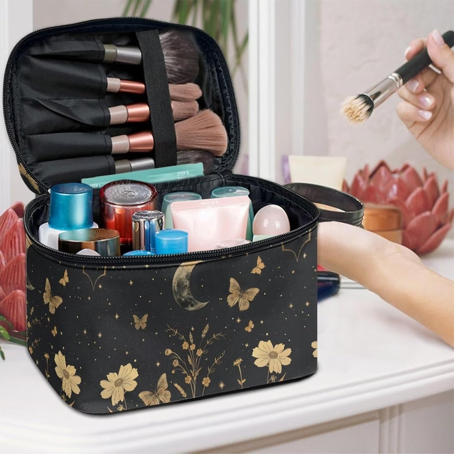 Goth Makeup Bag for Women Star and Moon cosmetic bag with handle on top Butterfly Toiletry Bag for Travel Size Bottles Aesthetic Skincare Travel Bag Cute Black Makeup Organizer Bag for Travel