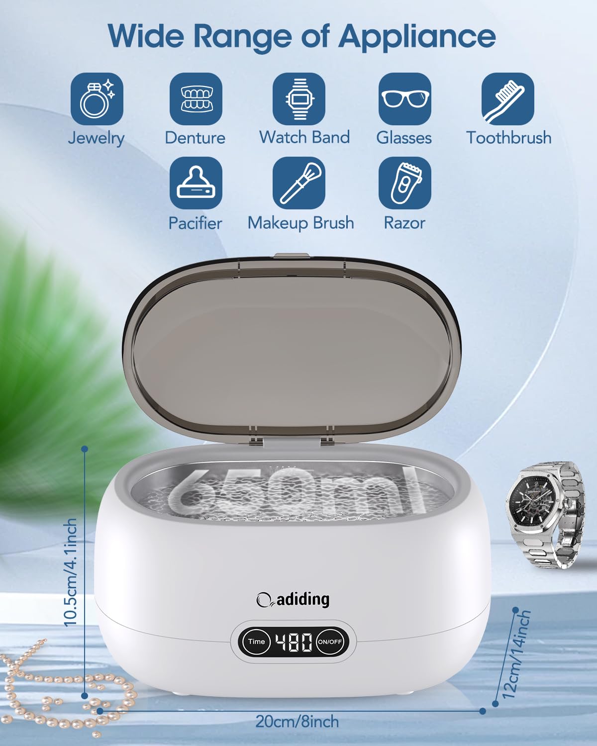 Adiding - Limpiador ultrasónico por ultrasonidos (650 ml, 5 modos de tiempo, 45 kHz, dispositivo ultrasónico para limpieza de gafas, joyas, relojes, dentaduras postizas, monedas)