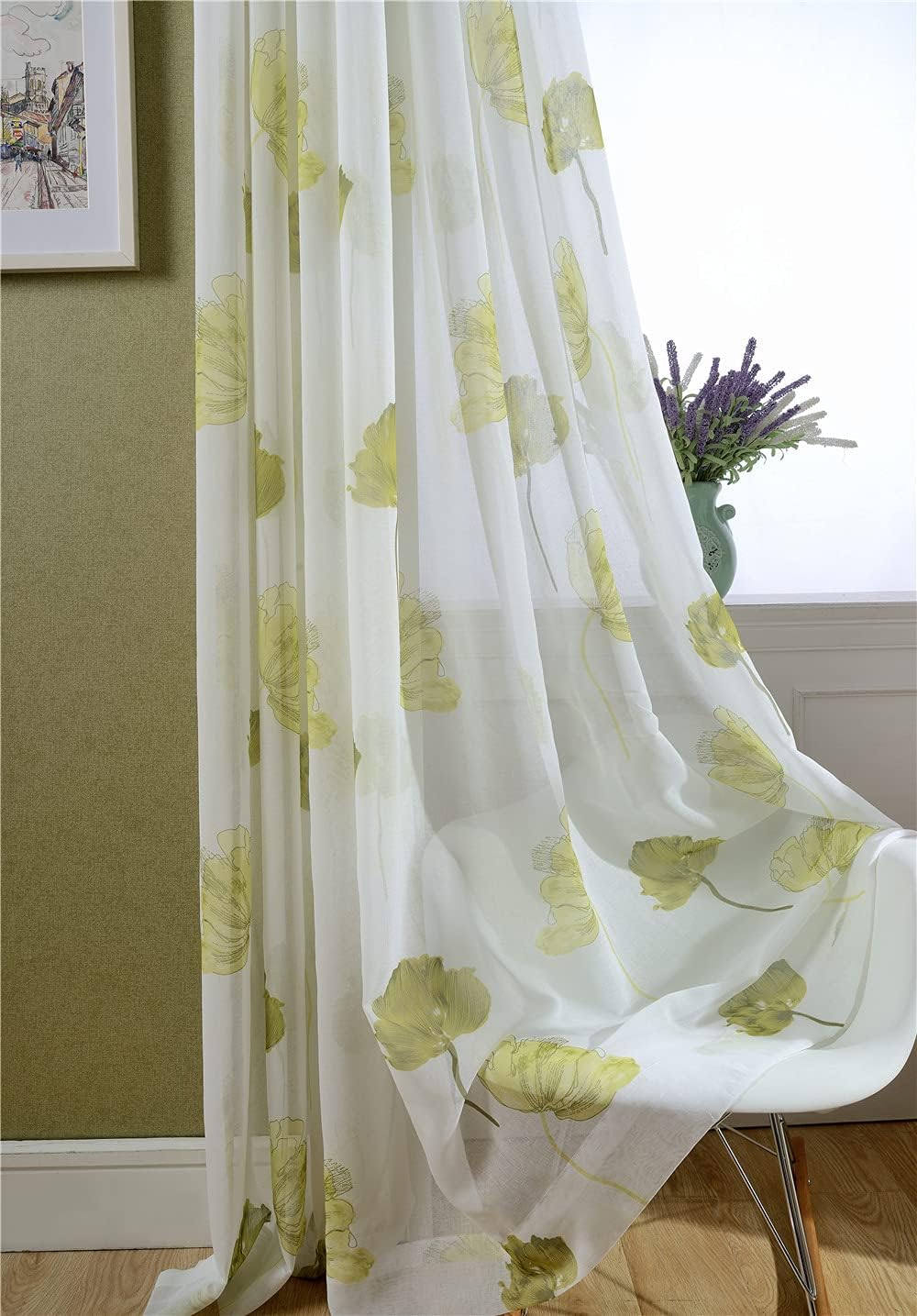 HooHero Purple Natural Bedroom Living Room 100 Width Sheer Curtains Voile Curtian Window Treatments Lotus Printing Watercolor Design
