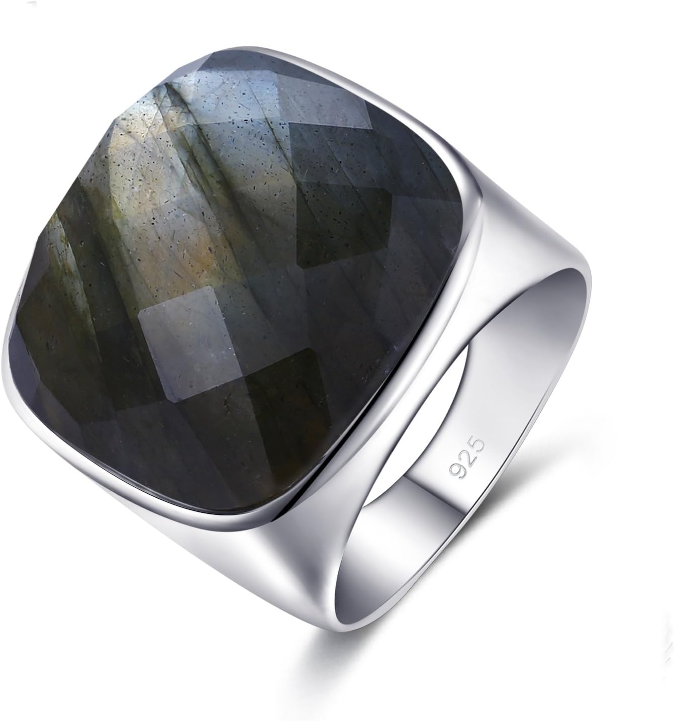 MetJakt Genuine Natural Square 18.67ct Labradorite/Citrine Stone 925 Sterling Silver Rings Unisex Fine Jewelry