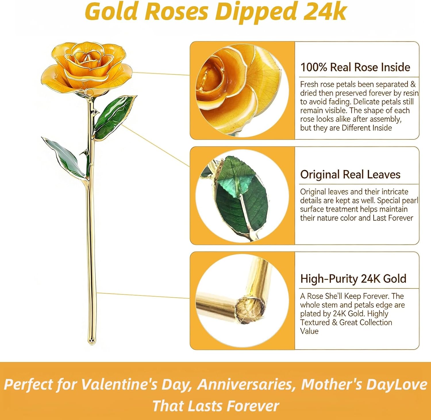 24k Gold Preserved Rose Real Flower with Stand and Gift Box | 24K gold plated real rose with resin,includes stand,card,no watering,for anniversary birthday Valentine's or graduation