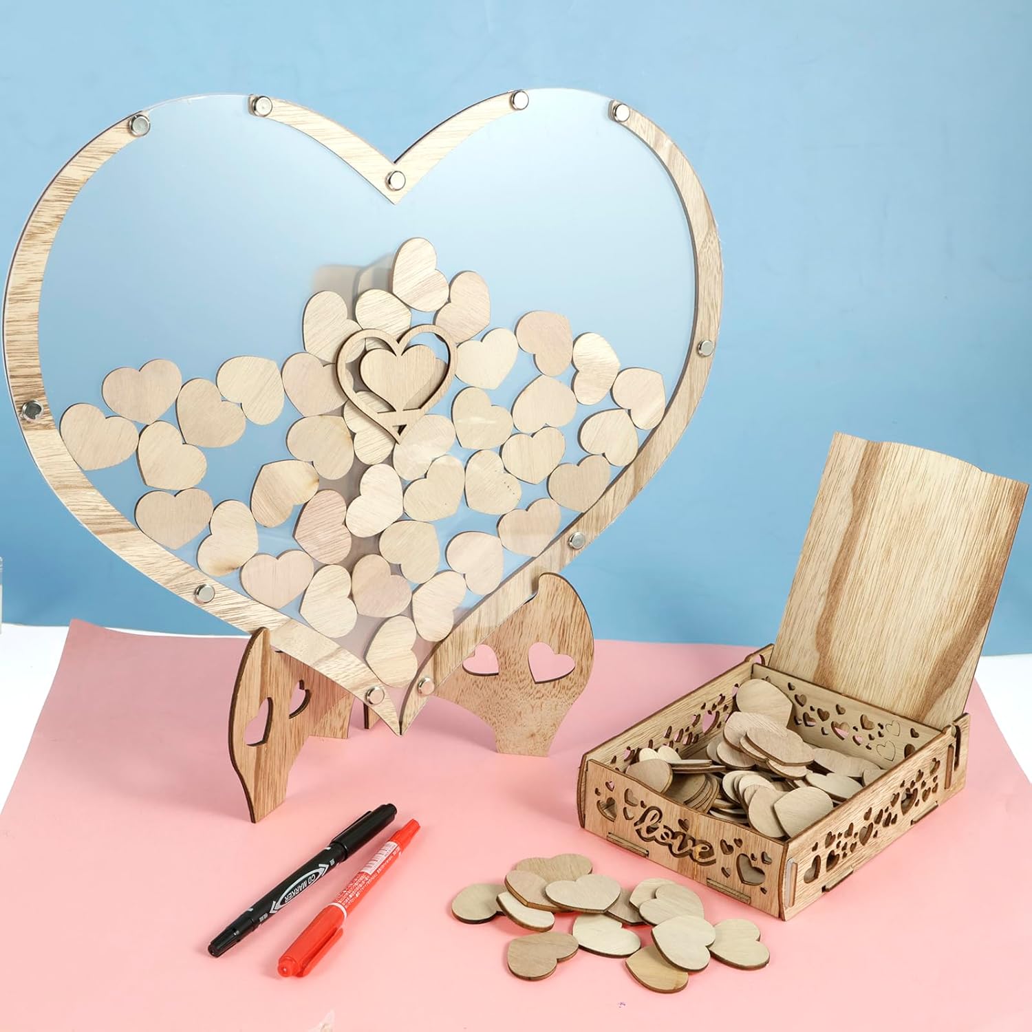 Wedding Guest Book Set with 80 Heart Sign Cards 2 Pens and Storage Box Wooden Guest Book Drop Box Personalized Heart/Rectangle Shape Wedding Guest Book for Weddings Baby Shower Anniversary Pa