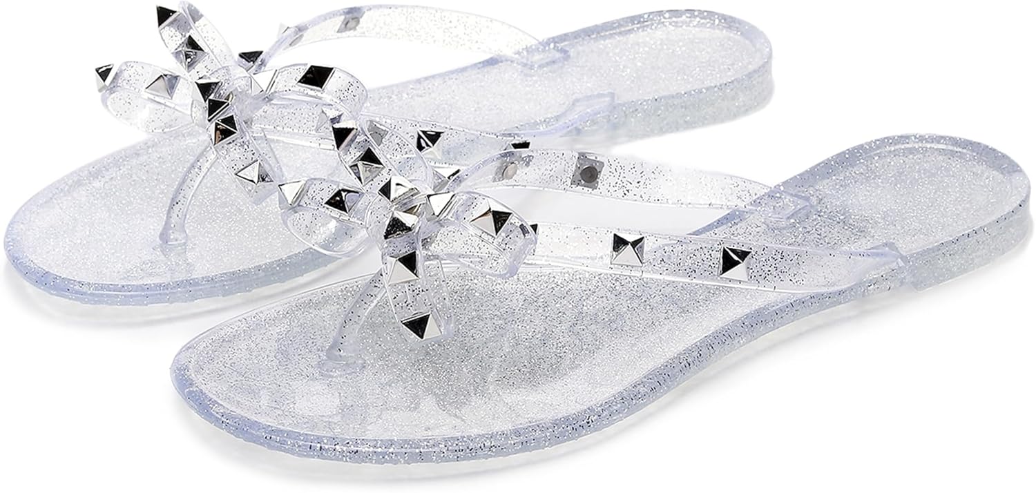 Studded Jelly Shoes for Womens Bow Flip Flops Jellies Sandals Flat Black... - Picture 173 of 174