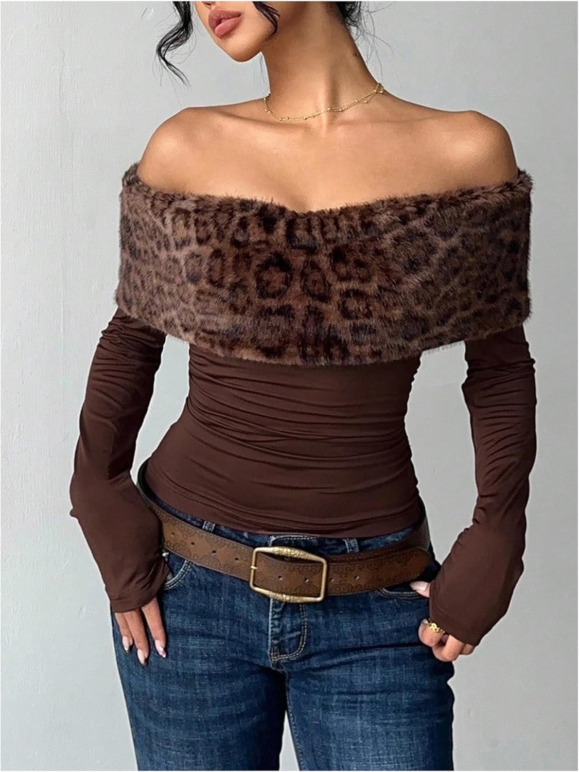 MakeMeChic Women's Cheetah Print Faux Fur T Shirt Off The Shoulder Ruched Y2k Club Crop Tops - Image 5