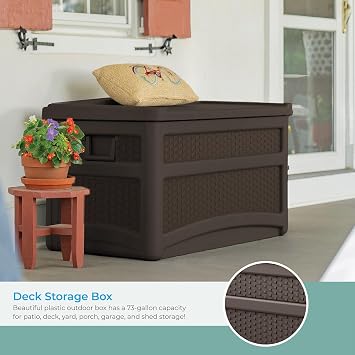 Suncast Durable 73 Gallon Outdoor Resin Storage Chest with Handles, Wheels, and Seat for Patio, Garden, or Pool for Indoor and Outdoor Use, Java