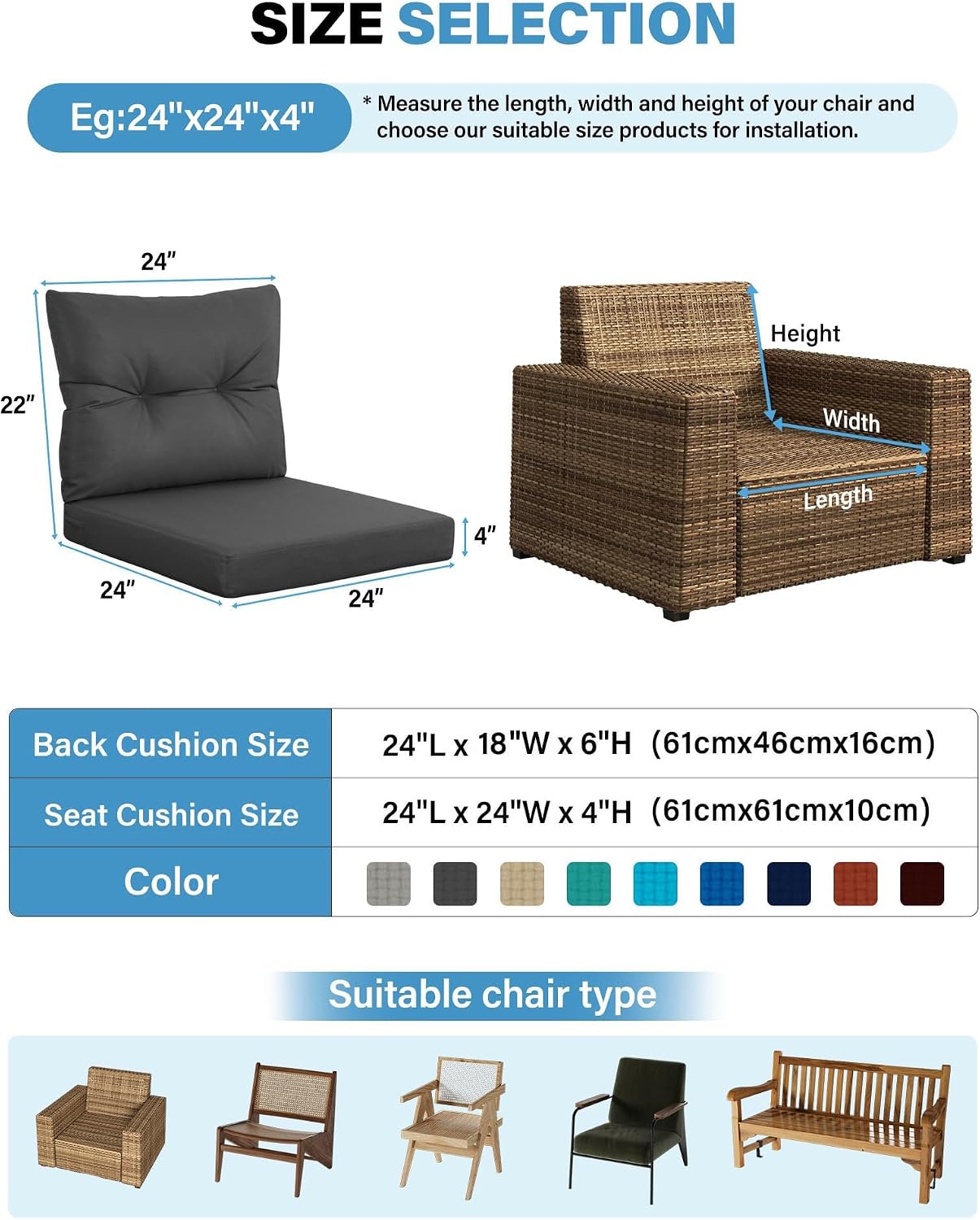 YEFU 24 x 24 Outdoor Cushions for Patio Furniture: Waterproof Fade-Resistant Loveseat Cushions Set of 4 - Deep Seat Outdoor Cushions Replacement with Ties for Chair Sofa Couch(Dark Gray)