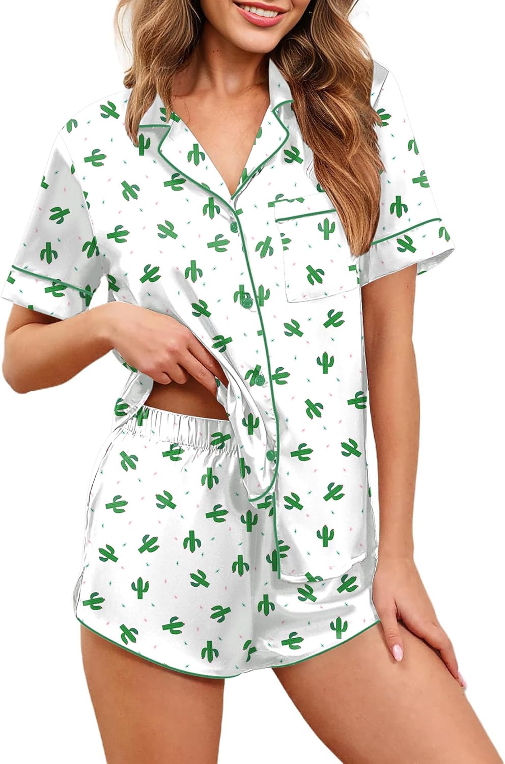 Ekouaer Womens Silk Satin Pajamas Set Short Sleeve Sleepwear Button Down Loungewear 2 Piece Pjs Shorts Set S-5X Plus Size