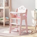 ROBUD Baby Doll High Chair, Pretend Play High Chair with Seat Belt, Pink Wooden Baby Doll Accessories with Movable Tabletop, Fits 18-20 Inch Dolls