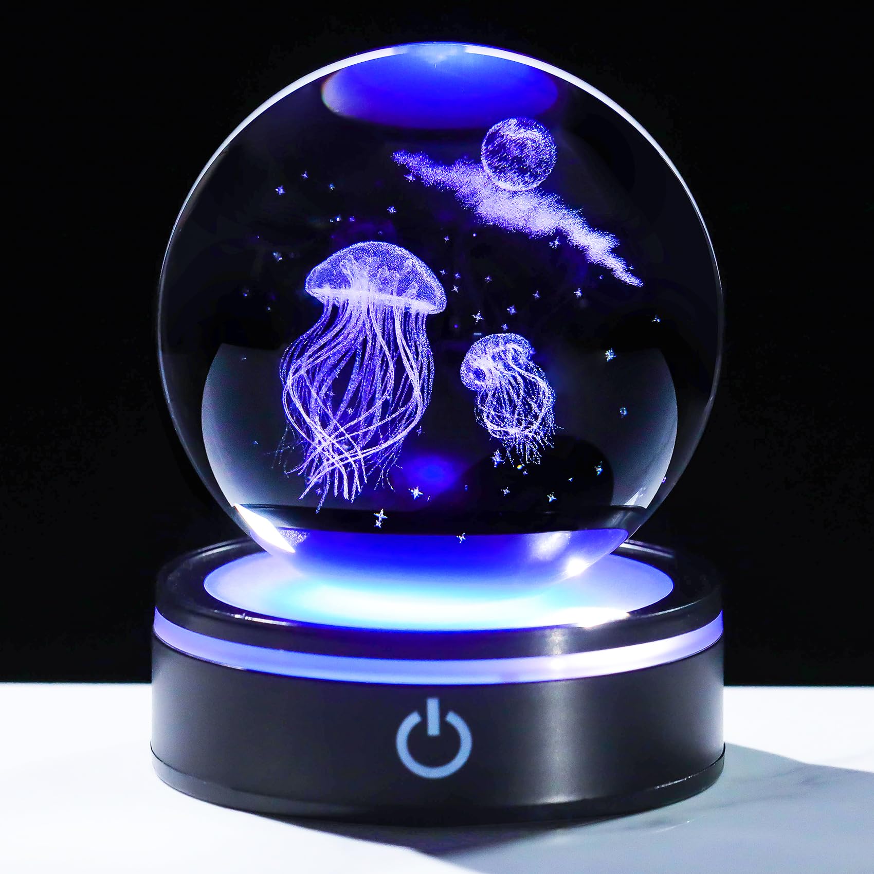 YWHL 3D Crystal Ball Jellyfish Decoration Figurine with Colorful LED Base