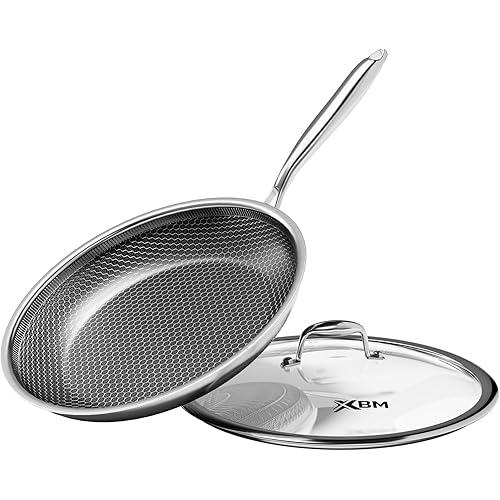 Honeycomb Stainless Steel Nonstick Frying Pan with Lid 12 Inch, Induction Cooktop Compatible Skillet, PFOA-Free Scratch-Proof, Dishwasher & Oven Safe, Stay-Cool Handle, Silver Kitchen Cookware