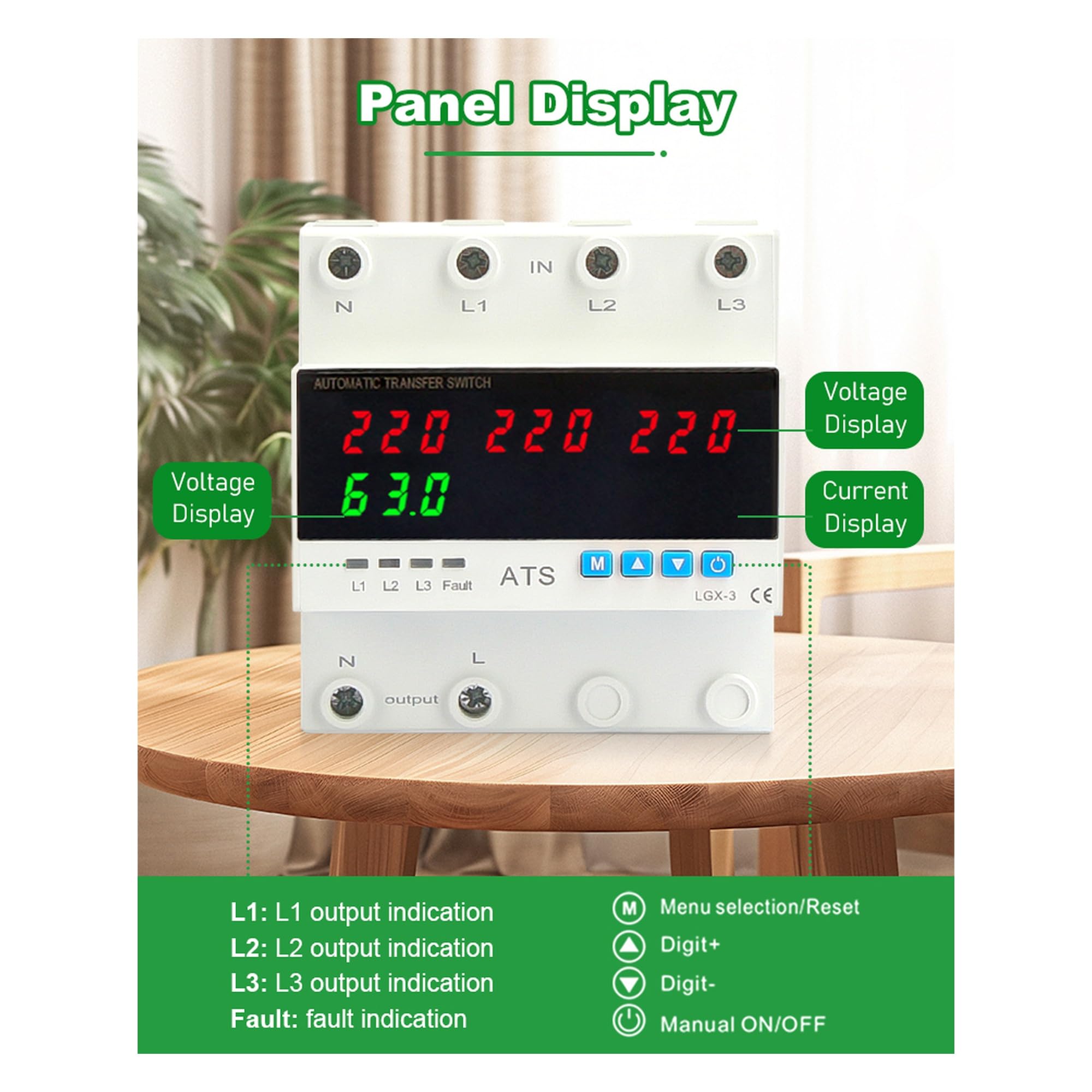 Interruptor de Transferencia Automática Trifásico ATS Solar 63A con Protector de Voltaje y Límite de Sobrecorriente – Conmutador de Fases 3F para Red y Energía Solar