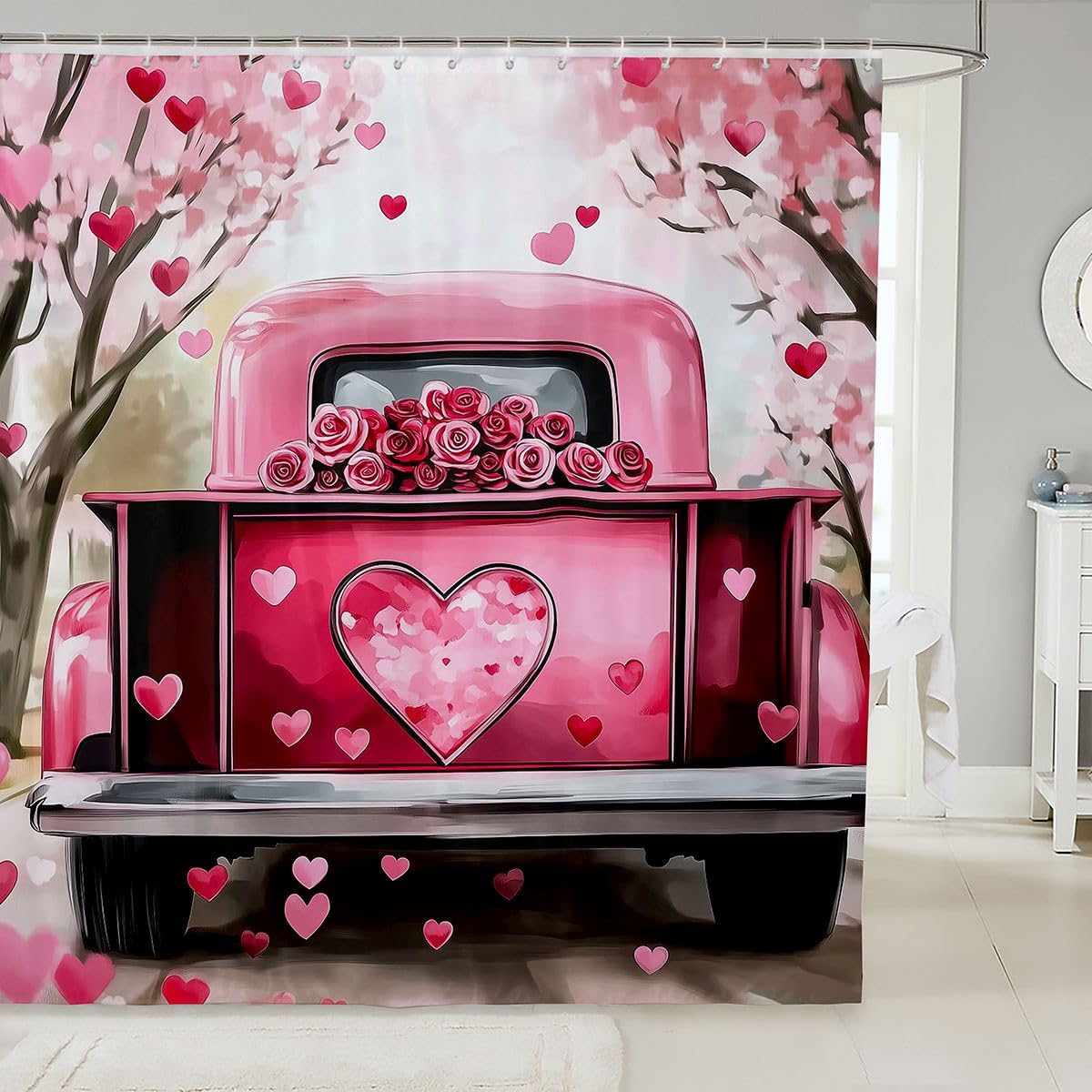 Rideau de douche Valentin rose taille S avec cœurs pour une salle de bain romantique