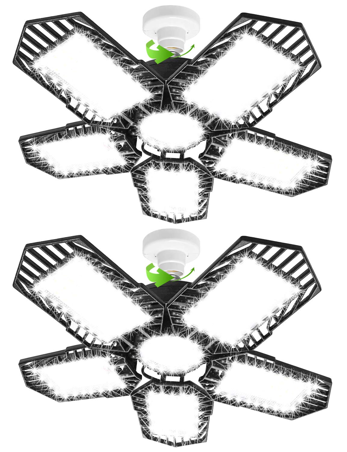 2-Pack LED Garage Lights, 16000LM-6500K LED Deformable Garage Ceiling Light, E26/E27 LED Shop Light Adjustable 5 Panels 160W Garage Lighting, Easy-Installation for Workshop, Basement, Barn(NO Sensor)