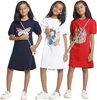 T2F Girls Cotton Printed Regular Fit Puffed Sleeve Knee Length Nightgown (Pack of 3) Price In India