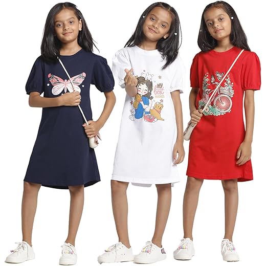 T2F Girls Cotton Printed Nightgown Pack of 3