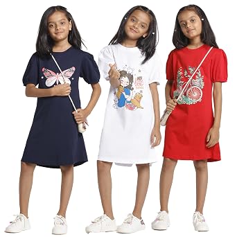 T2F Girls Cotton Printed Regular Fit Puffed Sleeve Knee Length Nightgown (Pack of 3)