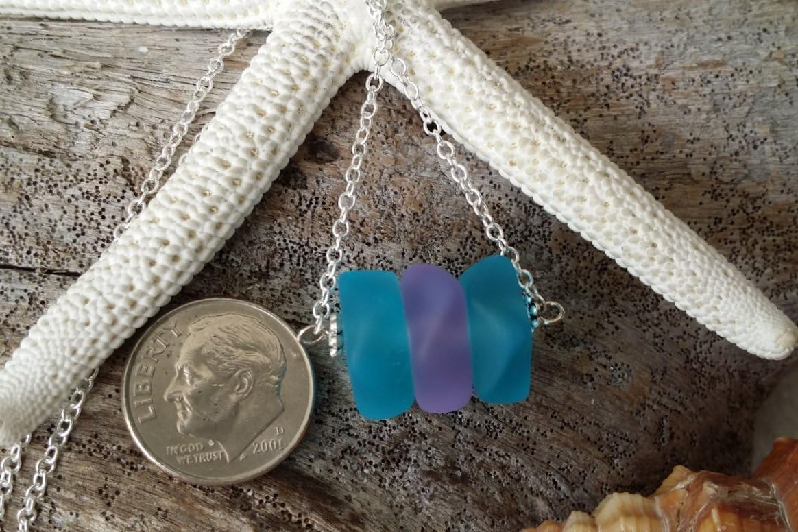 yinahawaii Handmade blue purple sea glass necklace, gift box,Summer beach jewelry. gifts for girlfriend, beach glass necklace,sea glass jewelry,