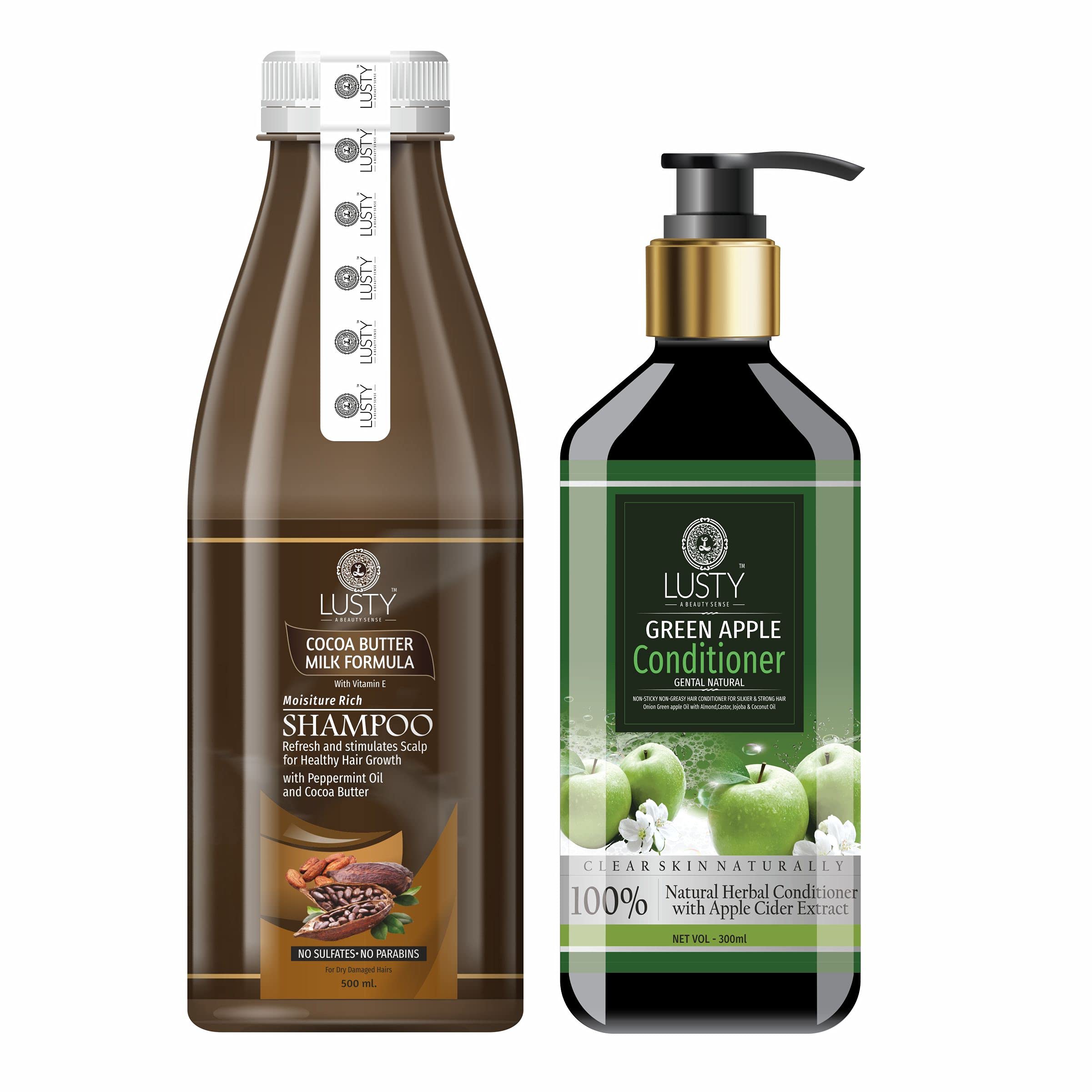 LUSTY A BEAUTY SENSECocoa Butter Milk Formula With Vitamin-E Shampoo With Green Apple Conditioner Refresh and Stimulates Scalp For Healthy Hair Growth With Peppermint Oil and Cocoa Butter, 800ml