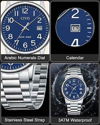 CIVO Easy Read Mens Watches: Analogue Stainless Steel Strap Watch Waterproof - Leather Minimalist Watches Men Gifts for Father Husband Boyfriend