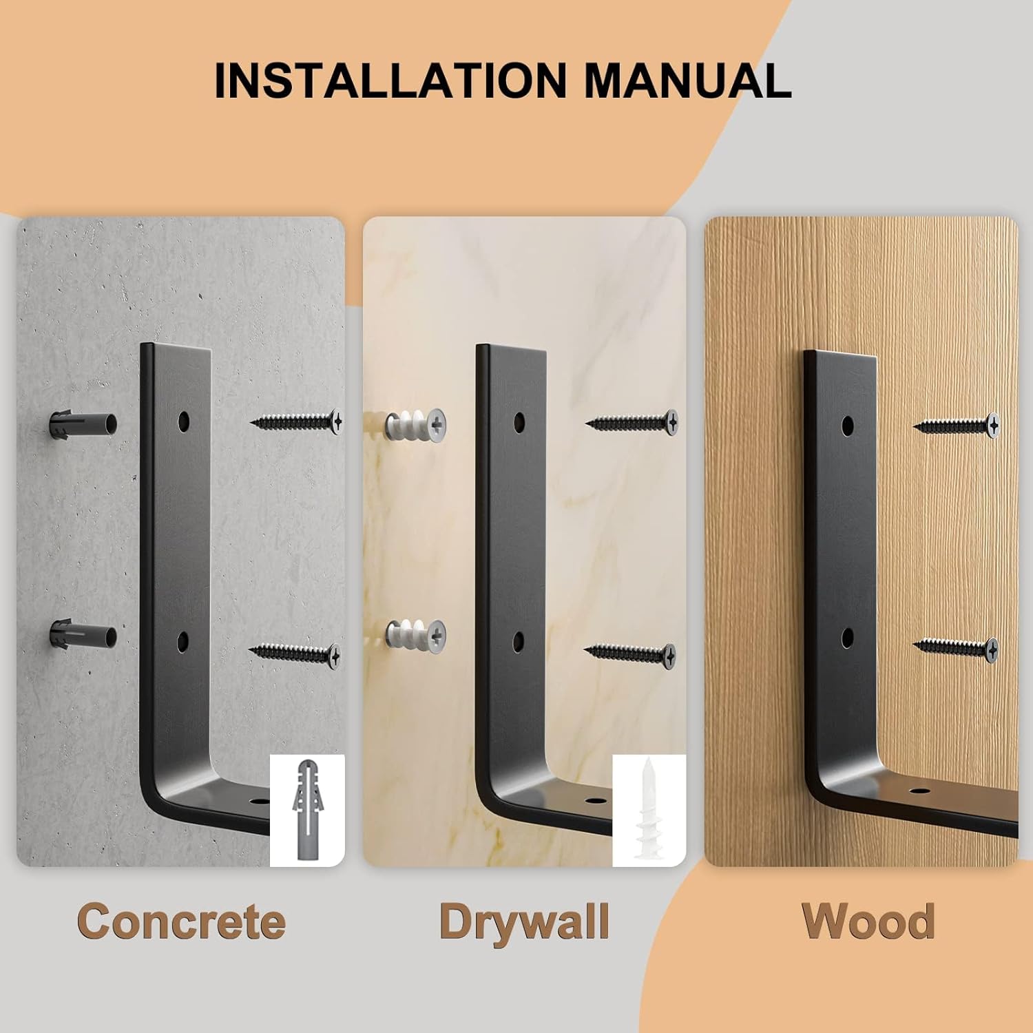 LuckIn 12 Inch Wall Shelf Brackets (Fit 11.25" Board) 6-Pack, Heavy Duty Black Iron, Garage, Kitchen, Laundry Room Floating Shelf Hardware