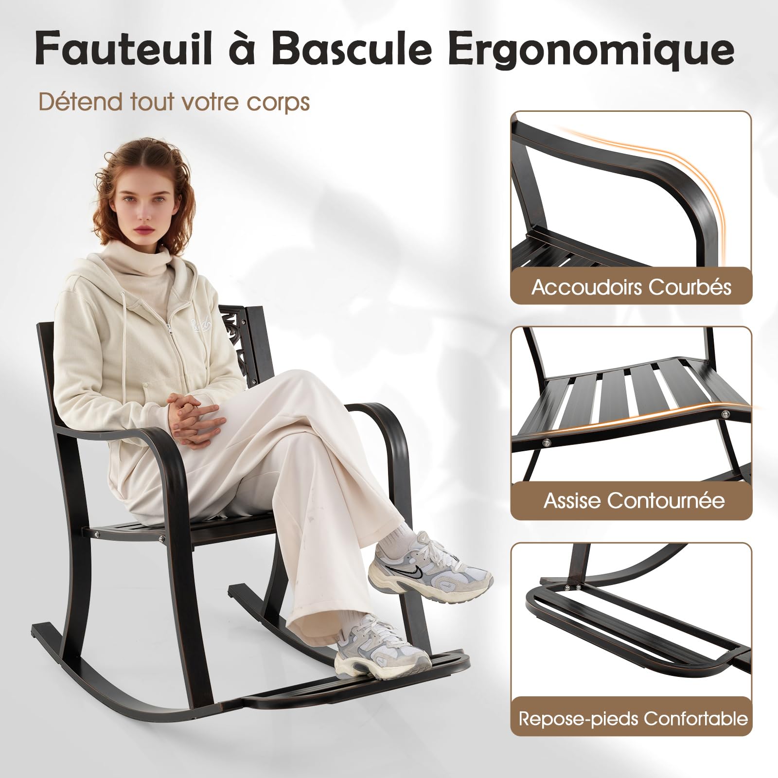 COSTWAY Fauteuil a Bascule Exterieur en Aluminium Coulé, Chaise a Bascule avec Repose-Pied, Dossier à Motifs, Siège à Lattes, Rocking Chair Extérieur pour Jardin Porche, Charge 150kg, 102x62,5x89 cm